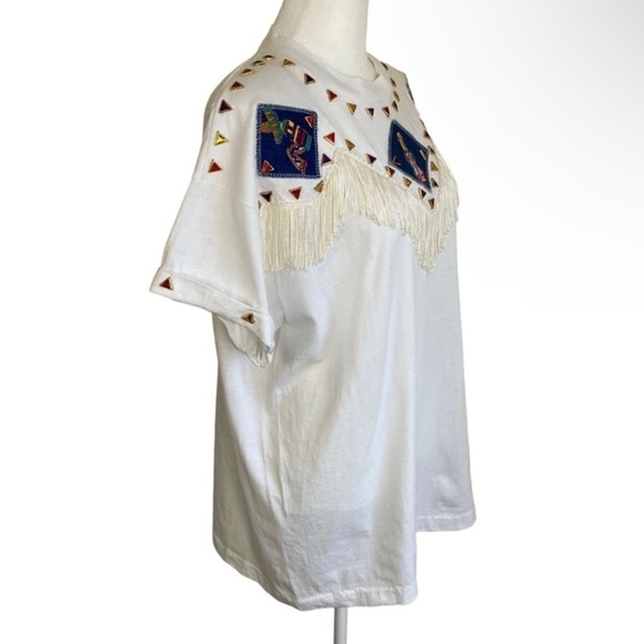 Vintage 90s Gepetto Western Fringe Bejeweled T-Shirt White Single Stitch Sz L - Picture 2 of 16